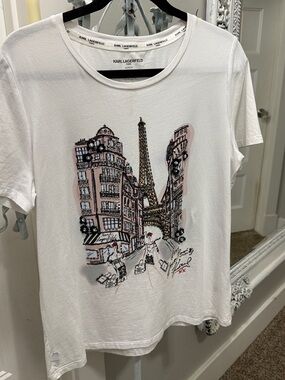 Karl Lagerfeld White Tee with Pink & Black Paris Sketch